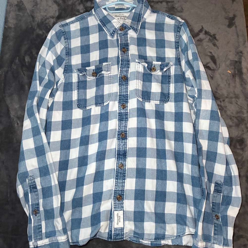 Abercrombie & Fitch Muscle Fit Flannel Cotton XXL Mens Blue White Buffalo Check